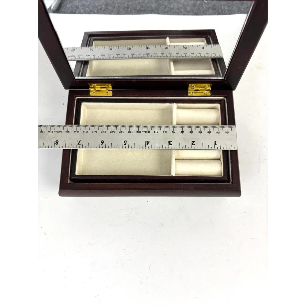 Vintage Wooden Jewelry Box Floral Tapestry Top Mirror‎ Vanity Keepsake Box